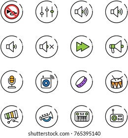 line vector icon set - no horn vector road sign, settings, volume max, medium, low, off, fast forward, loudspeaker, microphone, wireless speaker, tambourine, drum, xylophone, toy, piano, radio