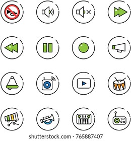 line vector icon set - no horn vector road sign, volume medium, off, fast forward, backward, pause, record, loudspeaker, bell, wireless speaker, playback, drum, xylophone, toy, piano, radio