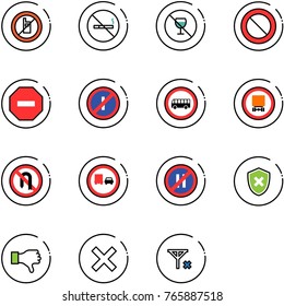 line vector icon set - no mobile sign vector, smoking, alcohol, prohibition road, way, parkin odd, bus, dangerous cargo, turn back, truck overtake, parking even, shield cross, dislike, delete