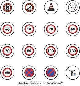 line vector icon set - no mobile sign vector, computer, road cone, smoking, car, speed limit 10, 20, 40, 70, 80, 100, 130, bike, stop, parking, signal