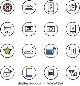 line vector icon set - no mobile sign vector, snowmobile, heart monitor, credit card, tap pay, exchange, payment, star, growth, notebook wi fi, power bank, wireless lock, phone, sim, fine signal