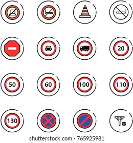 line vector icon set - no computer sign vector, smoking, road cone, way, car, truck, speed limit 20, 50, 60, 100, 110, 130, stop, parking, signal