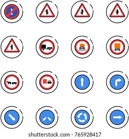 line vector icon set - no parkin odd, intersection vector road sign, trailer, dangerous cargo, cart horse, truck overtake, only forward, right, detour, circle