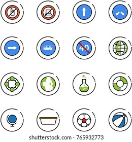 line vector icon set - no mobile sign vector, computer, only forward road, detour, right, bus, end minimal speed limit, globe, friends, round flask, circle chart, basin, soccer ball, beach