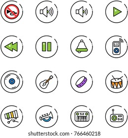 line vector icon set - no horn vector road sign, volume max, medium, play, fast backward, pause, bell, music player, cd, guitar, tambourine, drum, xylophone, toy, piano, radio