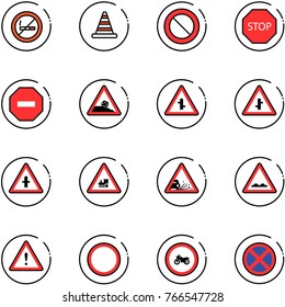 line vector icon set - no smoking sign vector, road cone, prohibition, stop, way, steep roadside, intersection, railway, gravel, rough, attention, moto