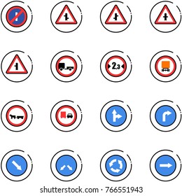 line vector icon set - no parkin odd, intersection vector road sign, trailer, limited width, dangerous cargo, cart horse, truck overtake, only forward right, detour, circle