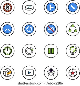 line vector icon set - no mobile sign vector, pill, only forward right road, detour, circle, end minimal speed limit, social, time, reload, pause, globe, volleyball, playback, ufo toy, soccer ball