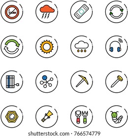 line vector icon set - no smoking sign vector, storm, medical patch, exchange, refresh, sun, rain cloud, wireless headphones, panel, molecule, axe, nail, nut, dowel, shovel fork toy, caterpillar