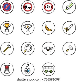 line vector icon set - no parkin odd, trailer vector road sign, limited width, highlight marker, win cup, gold, banana, saw, sledgehammer, magnifier, pipe welding, paint roller, pyramid toy, yoyo