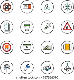 line vector icon set - no computer sign vector, ticket, pills, kidneys, breads, tap pay, money torch, Road narrows, dangerous cargo, presentation board, brick wall, doors, antenna, wrench, horn toy