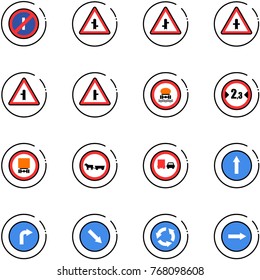 line vector icon set - no parkin odd, intersection vector road sign, dangerous cargo, limited width, cart horse, truck overtake, only forward, right, detour, circle