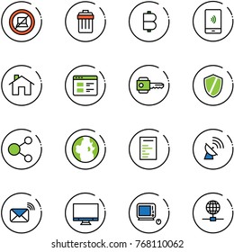 line vector icon set - no computer sign vector, trash bin, bitcoin, mobile payment, home, website, key, shield, share, globe, document, satellite antenna, wireless mail, monitor, monoblock pc
