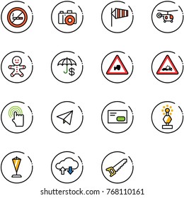 line vector icon set - no smoking sign vector, camera, side wind, helicopter, cake man, insurance, tractor way road, car crash, hand cursor, paper fly, envelope, award, pennant, cloud exchange data