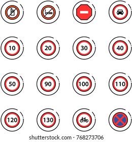 line vector icon set - no mobile sign vector, smoking, way road, car, speed limit 10, 20, 30, 40, 50, 90, 100, 110, 120, 130, bike, stop