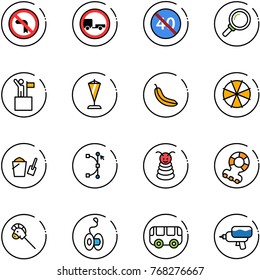 line vector icon set - no left turn vector road sign, trailer, end minimal speed limit, magnifier, win, pennant, banana, parasol, bucket scoop, bezier, pyramid toy, teethers, horse stick, yoyo, bus