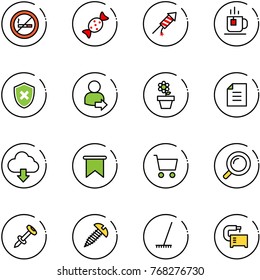 line vector icon set - no smoking sign vector, candy, firework rocket, tea, shield cross, user login, flower pot, document, download cloud, flag, cart, magnifier, nail dowel, screw, rake