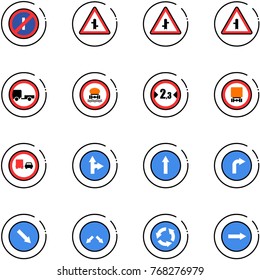 line vector icon set - no parkin odd, intersection vector road sign, trailer, dangerous cargo, limited width, truck overtake, only forward right, detour, circle