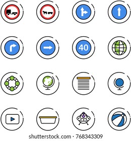 line vector icon set - no trailer vector road sign, cart horse, only forward right, minimal speed limit, globe, friends, jalousie, playback, basin, ufo toy, beach ball