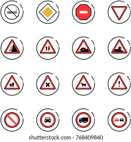 line vector icon set - no smoking sign vector, main road, way, giving, landslide, oncoming traffic, climb, steep roadside, railway intersection, cow, attention, prohibition, car, truck, overtake