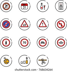 line vector icon set - no mobile sign vector, 31 dec calendar, wine, christmas, parkin odd, children road, attention, left turn, pedestrian, speed limit 70, bike, tax peage, moon flag, dollar chart