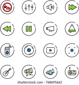 line vector icon set - no horn vector road sign, settings, volume medium, fast forward, backward, pause, loudspeaker, bell, music player, cd, playback, record button, guitar, xylophone, toy, radio