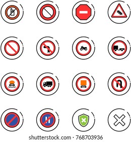 line vector icon set - no mobile sign vector, prohibition road, way, multi lane traffic, left turn, moto, trailer, dangerous cargo, truck, back, parking, even, shield cross, delete