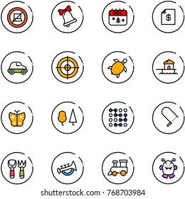 line vector icon set - no computer sign vector, bell, christmas calendar, account statement, car, target, sea turtle, bungalow, butterfly, forest, circuit, fretsaw, shovel fork toy, horn, train