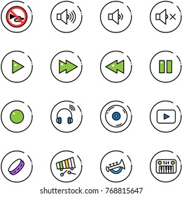 line vector icon set - no horn vector road sign, volume max, low, off, play, fast forward, backward, pause, record, wireless headphones, cd, playback, tambourine, xylophone, toy, piano