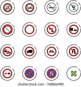 line vector icon set - no computer sign vector, smoking, alcohol, prohibition road, left turn, trailer, horn, truck, bike, back, overtake, parking, even, delete cross