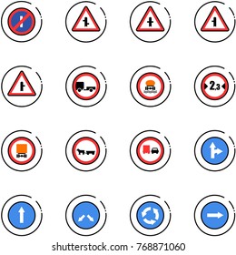 line vector icon set - no parkin odd, intersection vector road sign, trailer, dangerous cargo, limited width, cart horse, truck overtake, only forward right, detour, circle