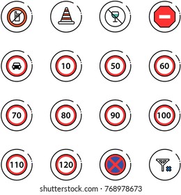 line vector icon set - no mobile sign vector, road cone, alcohol, way, car, speed limit 10, 50, 60, 70, 80, 90, 100, 110, 120, stop, signal