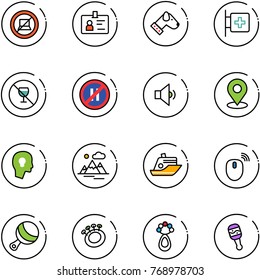 line vector icon set - no computer sign vector, identity, dog, first aid room, alcohol, parking even road, low volume, map pin, head bulb, mountains, cruiser, mouse wireless, beanbag