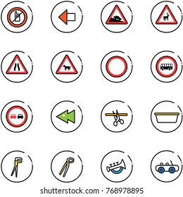 line vector icon set - no mobile sign vector, left arrow, steep descent road, wild animals, narrows, cow, prohibition, bus, overtake, fast backward, opening, basin, plumber, horn toy, car