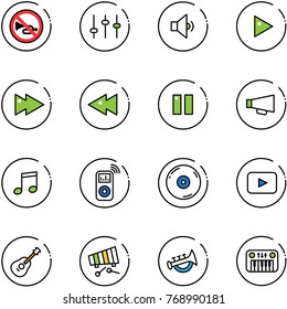 line vector icon set - no horn vector road sign, settings, low volume, play, fast forward, backward, pause, loudspeaker, music, player, cd, playback, guitar, xylophone, toy, piano