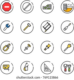line vector icon set - no way vector road sign, limit, brick wall, hotel, wrench, sledgehammer, bucksaw, chisel, side cutters, nail dowel, wood drill, jig saw, winch, corner ruler, shovel fork toy