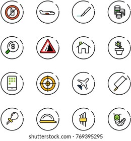 line vector icon set - no mobile sign vector, small plane, scalpel, coin, money search, landslide road, home, flower pot, target, metal hacksaw, oiler, construction helmet, allen key set