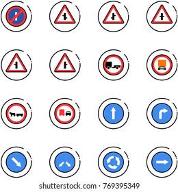 line vector icon set - no parkin odd, intersection vector road sign, trailer, dangerous cargo, cart horse, truck overtake, only forward, right, detour, circle