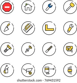 line vector icon set - no way vector road sign, home, wrench, rubber hammer, trowel, corner ruler, bolt, nail dowel, drill, jig saw, winch, wheelbarrow, laser lever, allen key set