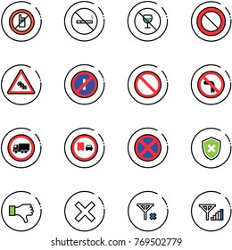 line vector icon set - no mobile sign vector, smoking, alcohol, prohibition road, multi lane traffic, parkin odd, left turn, truck, overtake, stop, shield cross, dislike, delete, signal, fine