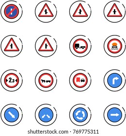 line vector icon set - no parkin odd, intersection vector road sign, trailer, dangerous cargo, limited width, cart horse, truck overtake, only right, detour, circle