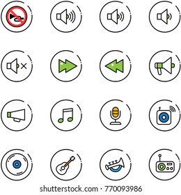 line vector icon set - no horn vector road sign, volume max, medium, low, off, fast forward, backward, loudspeaker, music, microphone, wireless speaker, cd, guitar, toy, radio