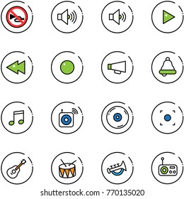 line vector icon set - no horn vector road sign, volume max, medium, play, fast backward, record, loudspeaker, bell, music, wireless speaker, cd, button, guitar, drum, toy, radio