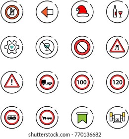 line vector icon set - no mobile sign vector, left arrow, christmas hat, wine, heart gear, alcohol, prohibition road, slippery, attention, trailer, speed limit 100, 120, bus, cart horse, flag
