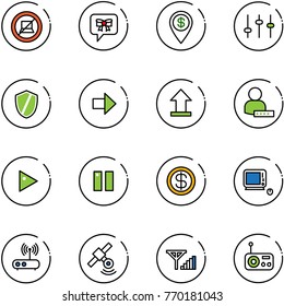 line vector icon set - no computer sign vector, bow message, dollar pin, settings, shield, right arrow, uplooad, user password, play, pause, monoblock pc, wi fi router, satellite, fine signal, radio