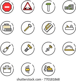 line vector icon set - no way vector road sign, drawbridge, work, brick wall, sea hotel, sledgehammer, trowel, jointer, screwdriver, bolt, nail dowel, construction helmet, tool box, allen key set