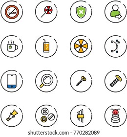 line vector icon set - no smoking sign vector, lollipop, shield cross, user login, hot tea, drink, parasol, bezier, mobile phone, magnifier, screw, dowel, rivet, allen key set, pyramid toy