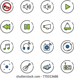 line vector icon set - no horn vector road sign, volume max, medium, play, fast backward, pause, loudspeaker, bell, music, wireless headphones, speaker, cd, record button, guitar, toy, radio