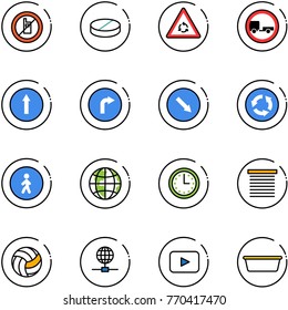 line vector icon set - no mobile sign vector, pill, round motion road, trailer, only forward, right, detour, circle, pedestrian way, globe, time, jalousie, volleyball, playback, basin