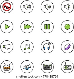 line vector icon set - no horn vector road sign, volume max, medium, low, play, fast forward, pause, record, loudspeaker, music, wireless headphones, tambourine, drum, toy, piano, radio